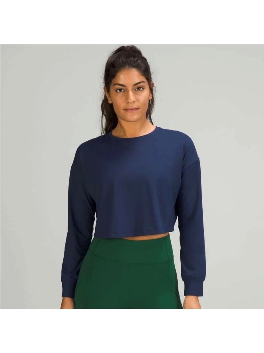 Lululemon Muscle Love Long Sleeve Shirt M‎ Cropped Crewneck Top Navy Blue Boxy